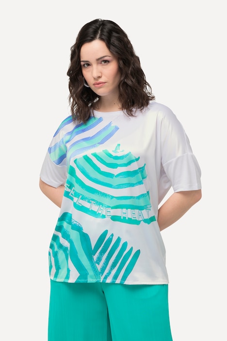 Satin Front Short Sleeve Boat Neck Graphic Tee