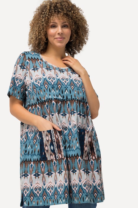 Ikat-Inspired Tiered Short Sleeve Tunic Dress | Knit Tunics | Knit Tops ...