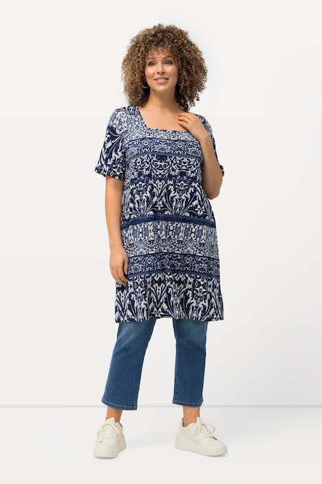 Damask Print Short Sleeve Tunic Dress