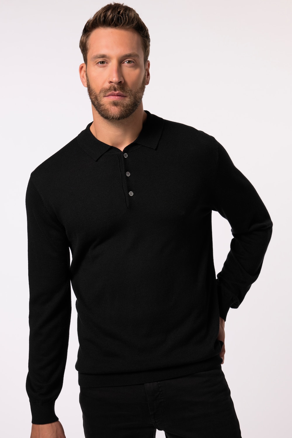 Große Größen Strick-Poloshirt FLEXNAMIC®, Herren, schwarz, Größe: L, Synthetische Fasern/Polyester/Wolle, JP1880