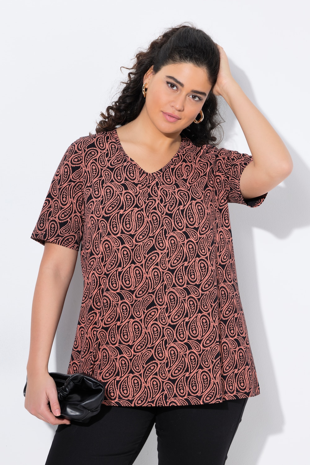 T-shirt, sierplooien, A-lijn, V-hals, korte mouw