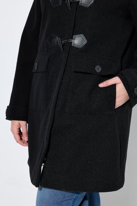 Duffelcoat, A-lijn, opstaande kraag, capuchon, houtje-touwtje knopen