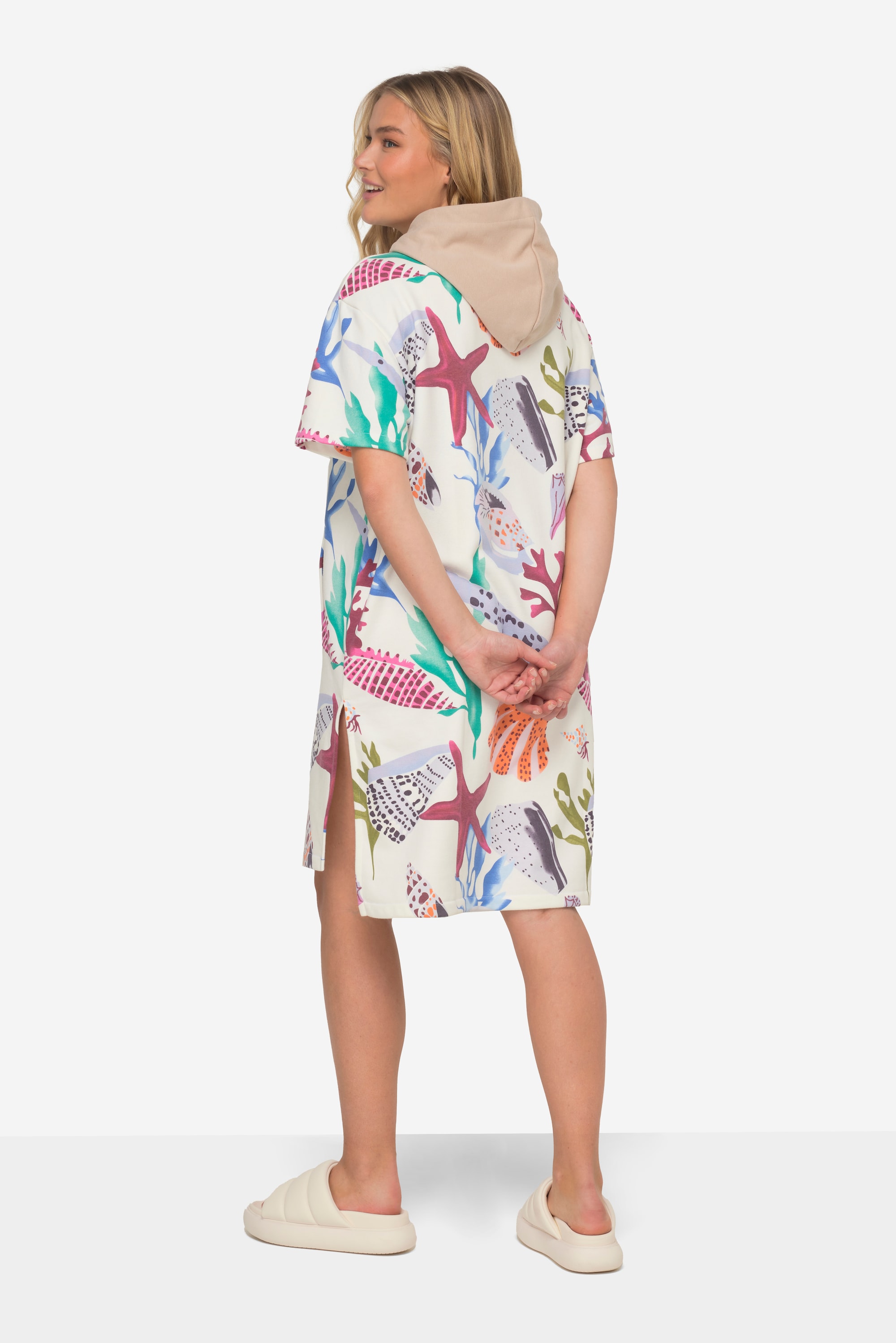 Laurasøn Damen Sweatkleid A Line Strandmotive Kapuze Halbarm 829349