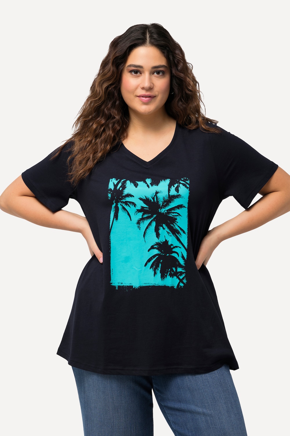 T-shirt, palm, A-lijn, V-hals, halflange mouw
