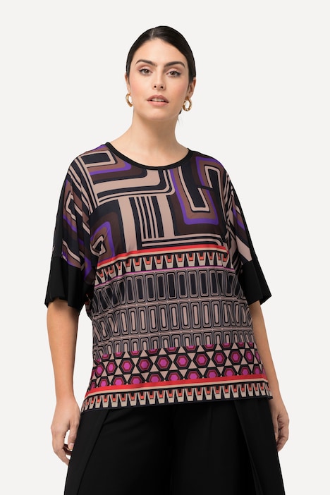 Mixed Geometric Print Scoop Neck Wing Sleeve Tee