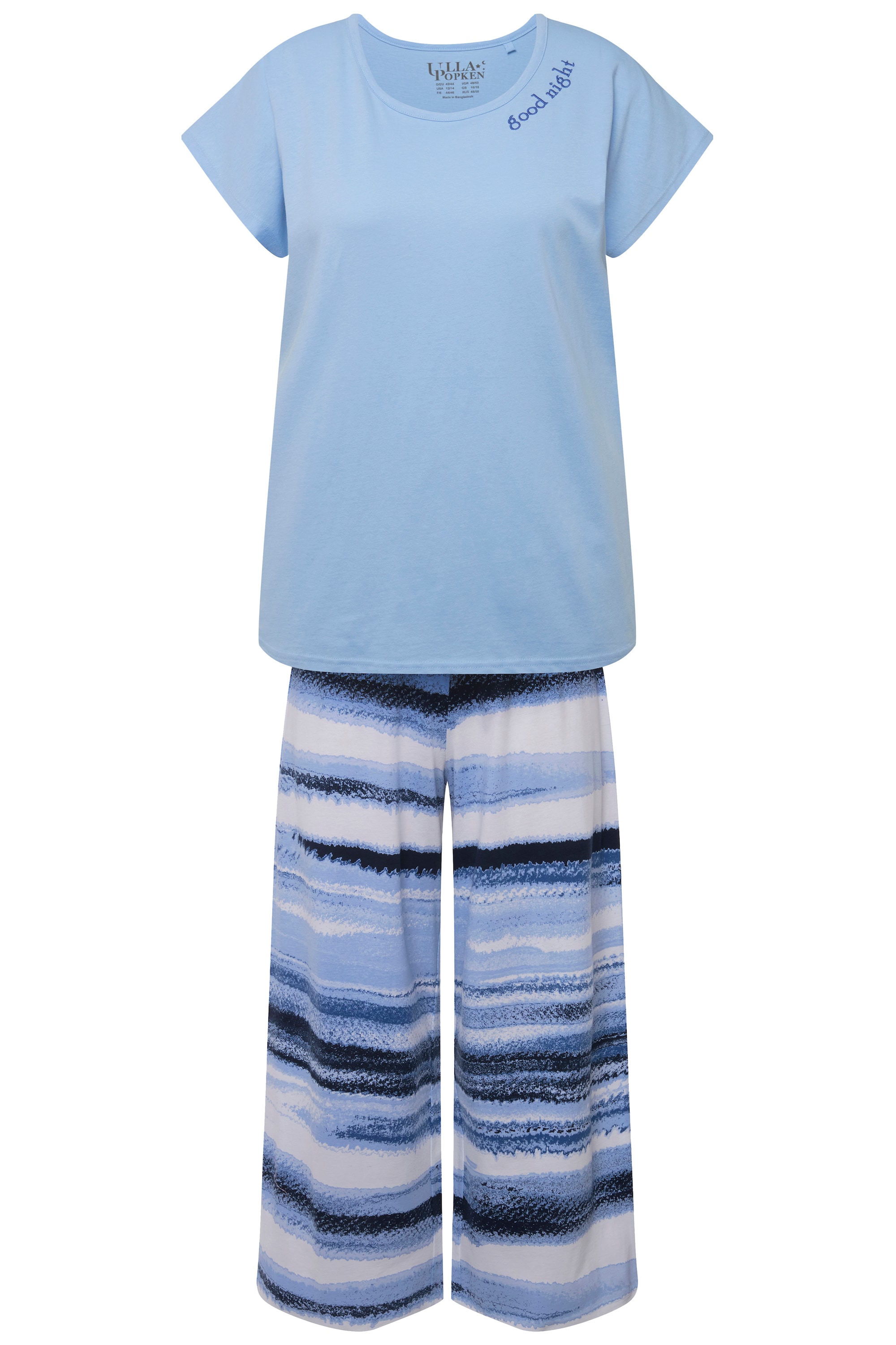 Ulla Popken Damen große Größen Pyjama Streifen Stickerei Rundhals Halbarm 829509