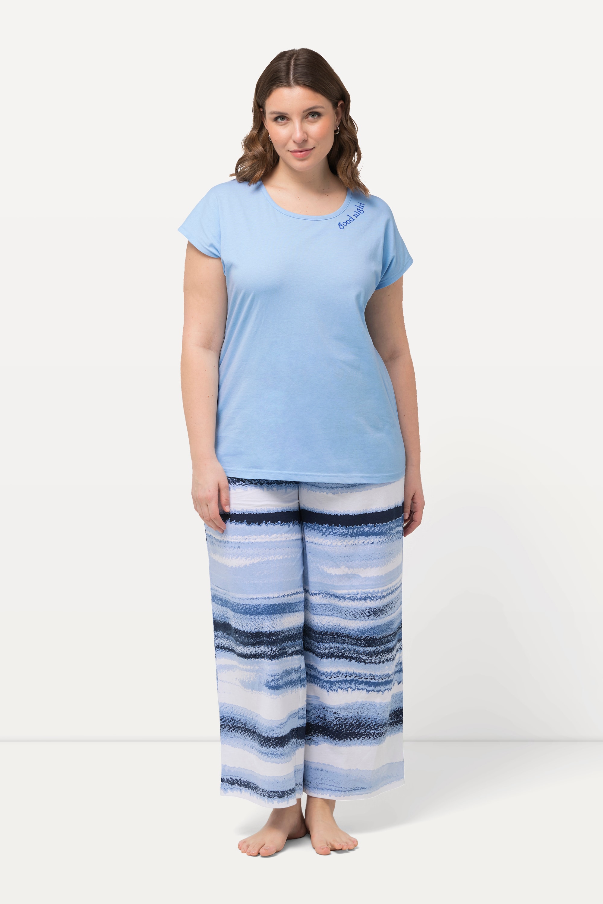 Ulla Popken Damen große Größen Pyjama Streifen Stickerei Rundhals Halbarm 829509