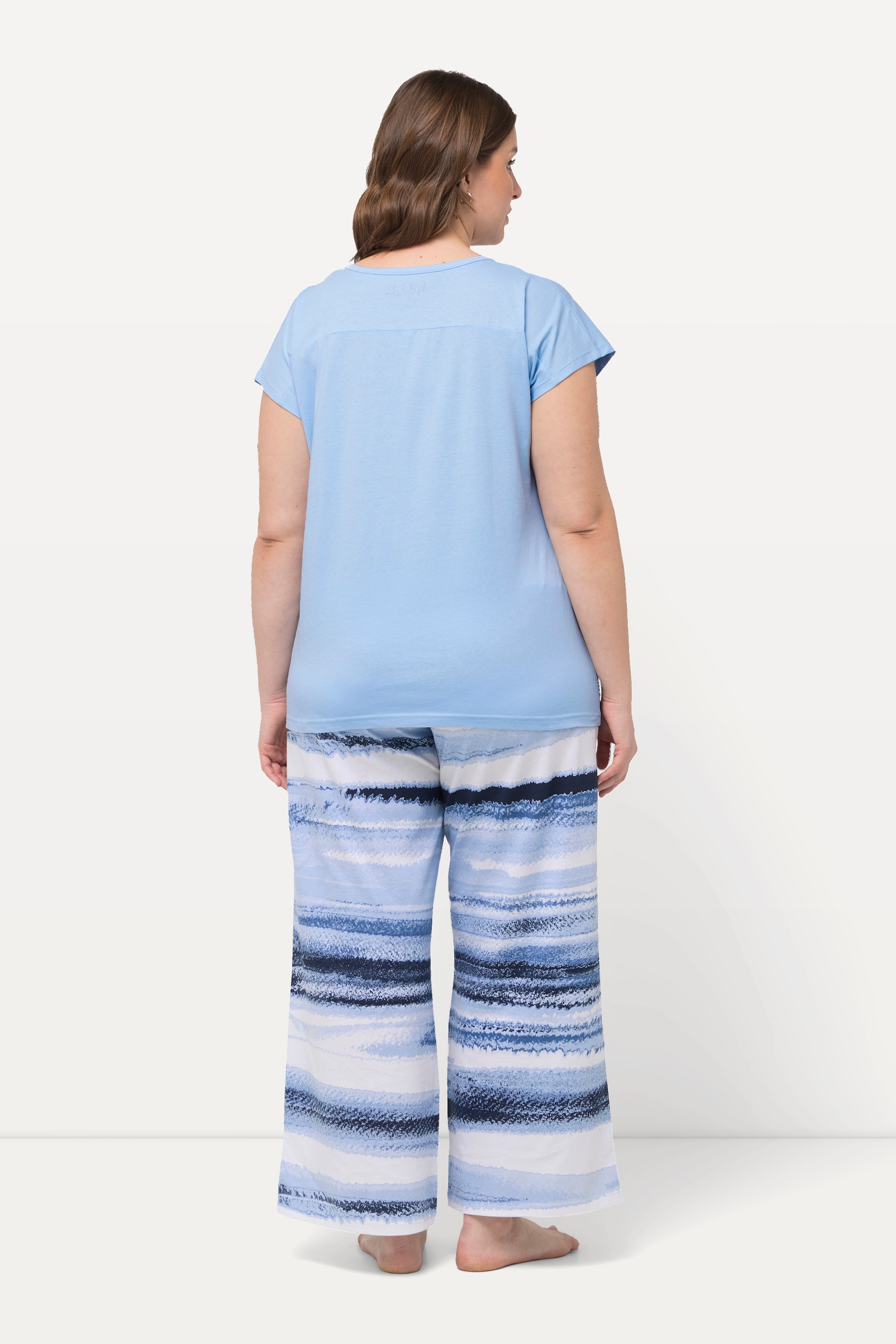 Ulla Popken Damen große Größen Pyjama Streifen Stickerei Rundhals Halbarm 829509