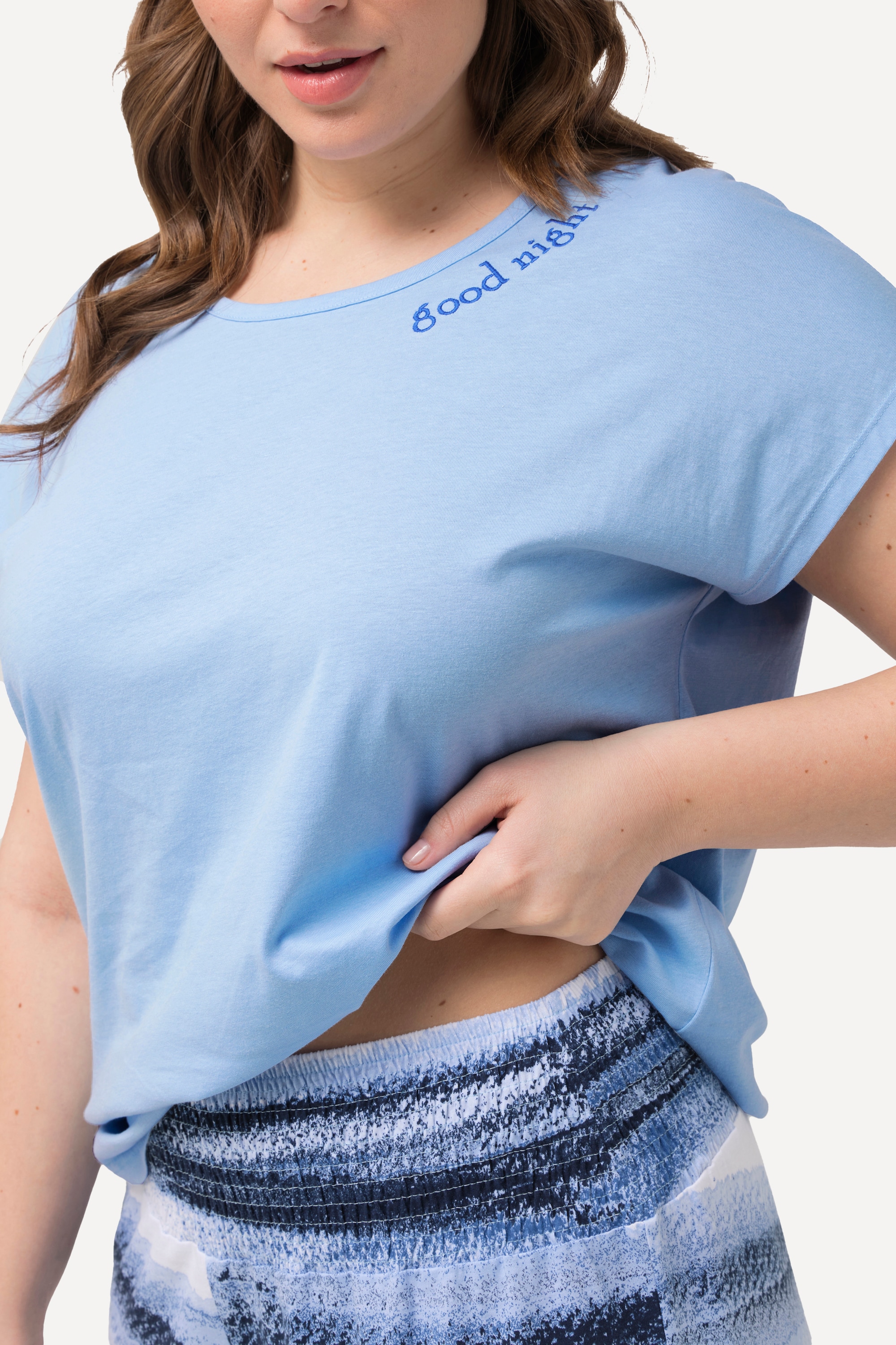 Ulla Popken Damen große Größen Pyjama Streifen Stickerei Rundhals Halbarm 829509
