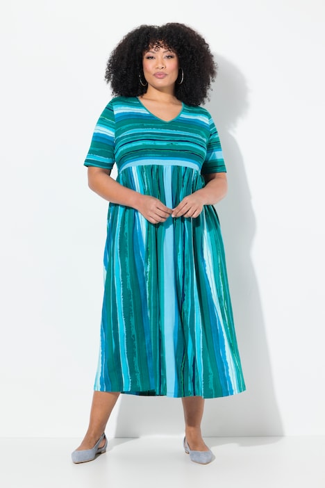 Robe en jersey à mélange de rayures, ligne A, avec décolleté en V et manches courtes