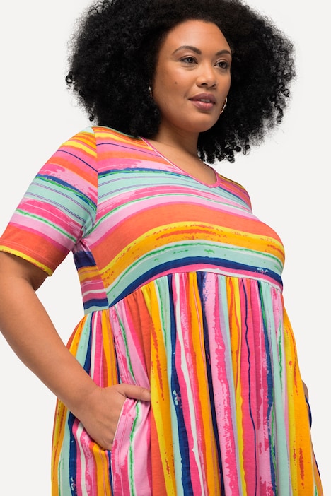 Rainbow Stripe Short Sleeve Pocket Empire Knit Dress | Maxi 