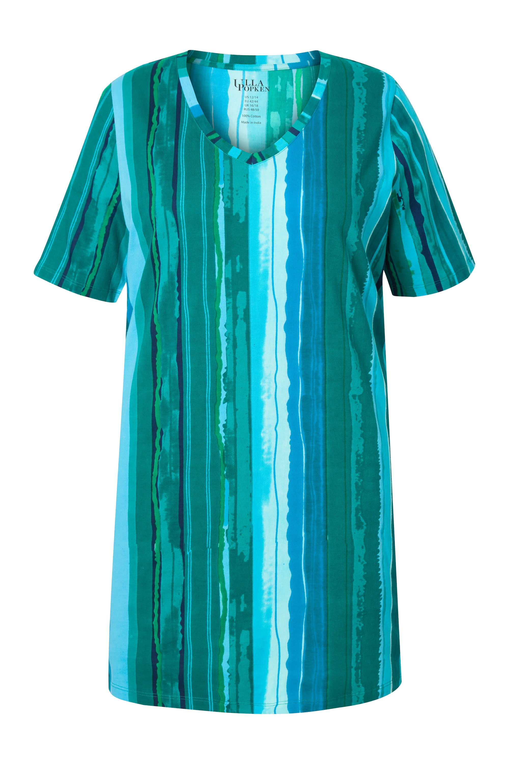 Ulla Popken Damen große Größen Longshirt farbige Streifen A Linie V Ausschnitt