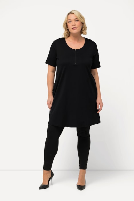 Zipper Neckline Knit Short Sleeve Pocket Tunic