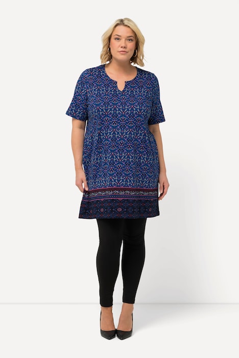 Notch Neck Border Print Knit Tunic