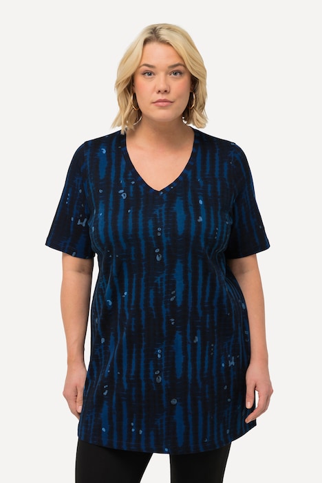 Tie Dye Print V-Neck Short Sleeve A-line Knit Tunic