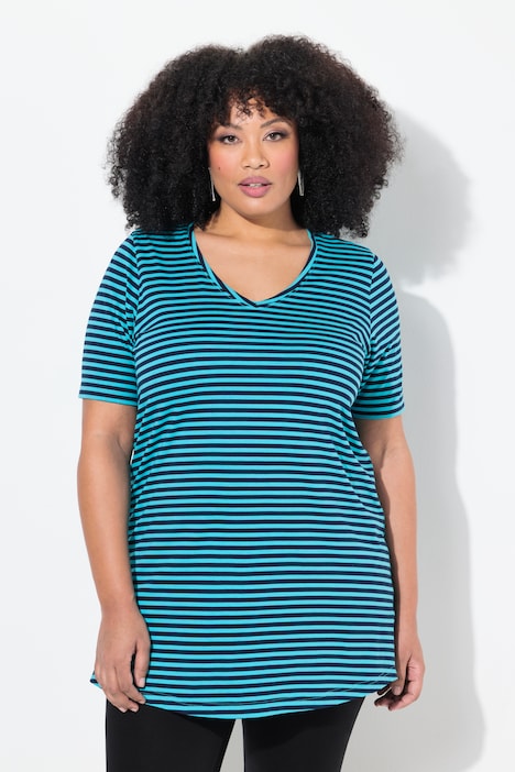 Stripe Print V-Neck Short Sleeve Swing Knit Tunic