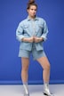 Denim jack, boxy shape, glittersteentjes, overhemdkraag, lange mouwen