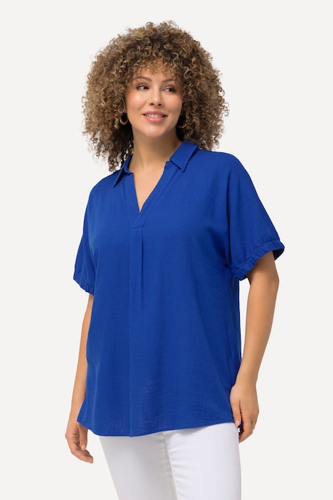 Linen Blend Short Sleeve V-Neck Blouse