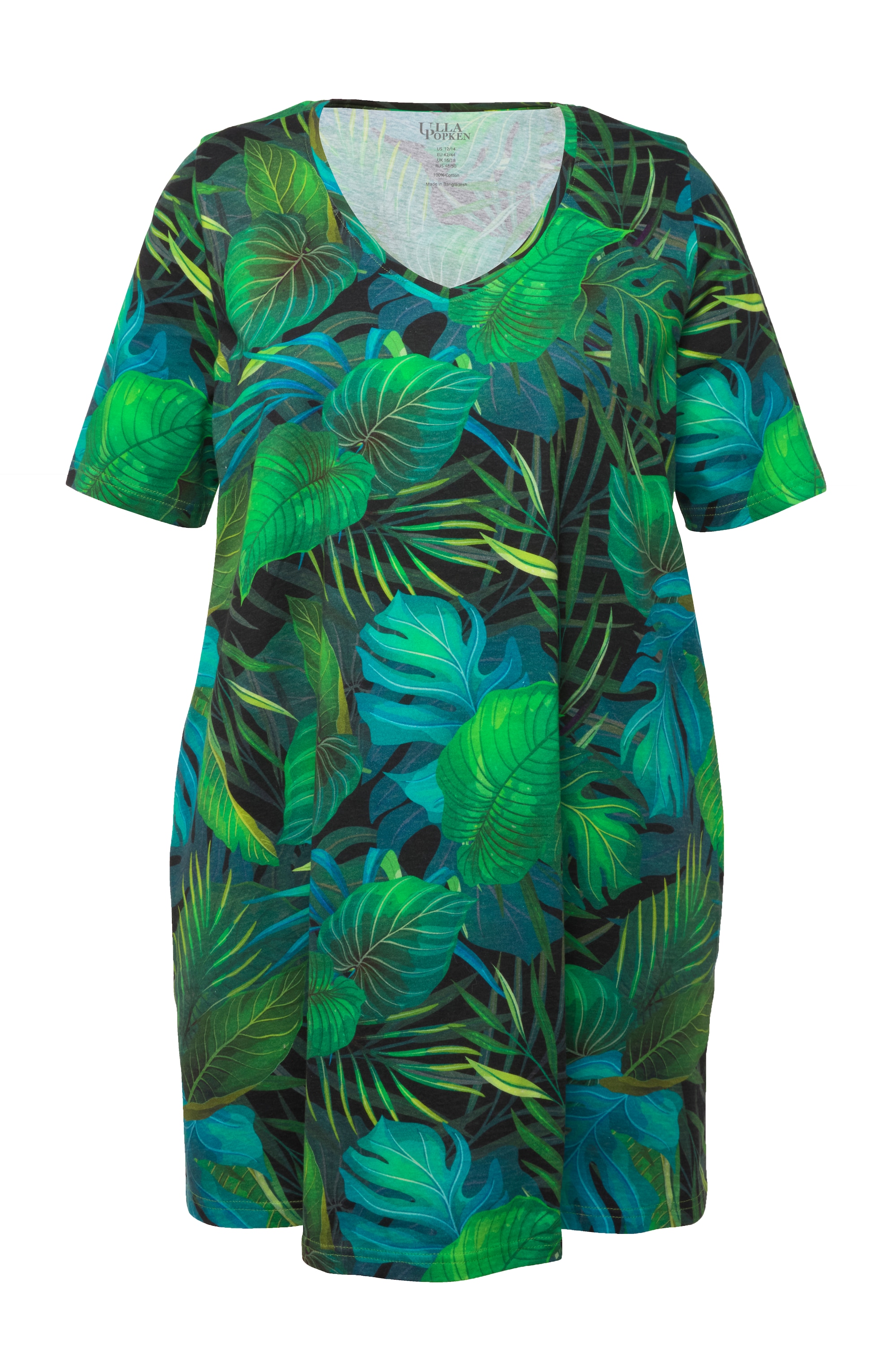 Ulla Popken Damen große Größen Longshirt Blätter A Linie V Ausschnitt