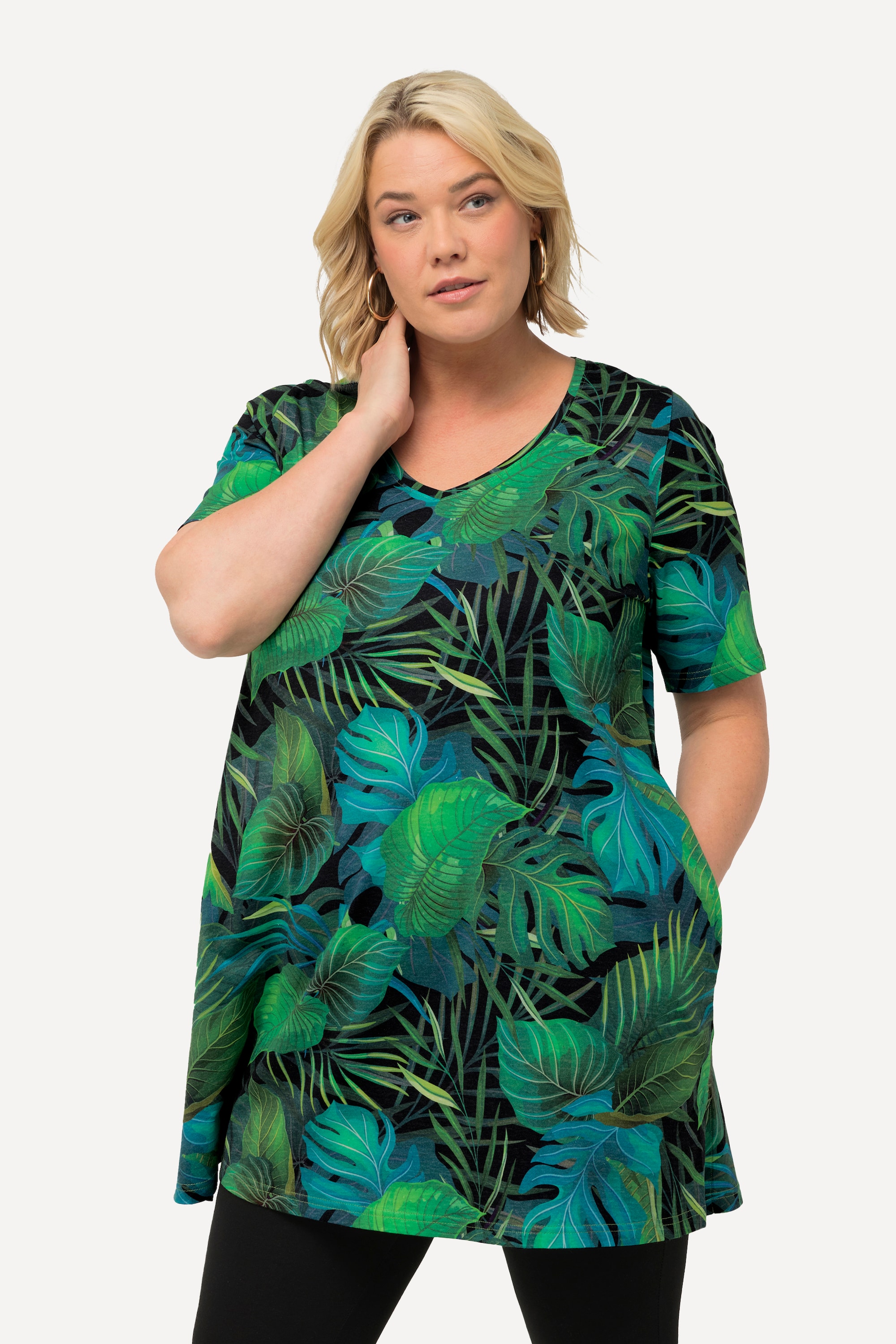 Ulla Popken Damen große Größen Longshirt Blätter A Linie V Ausschnitt