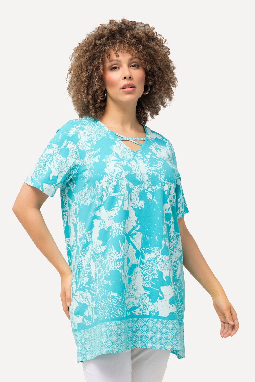 Grote Maten Lang shirt, Dames, turquoise, Maat: 46/48, Katoen, Ulla Popken