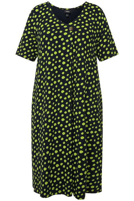 Žerzejové šaty, puntíky, A střih, výstřih do V, krátké rukávy