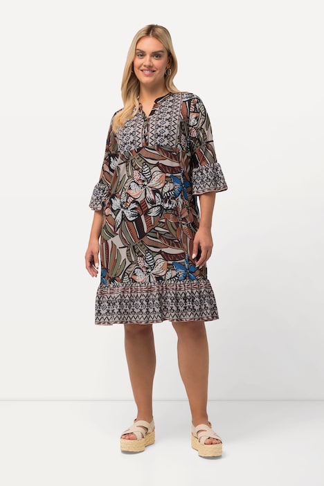 Mixed Print Flounce Panel 3/4 Sleeve Dress