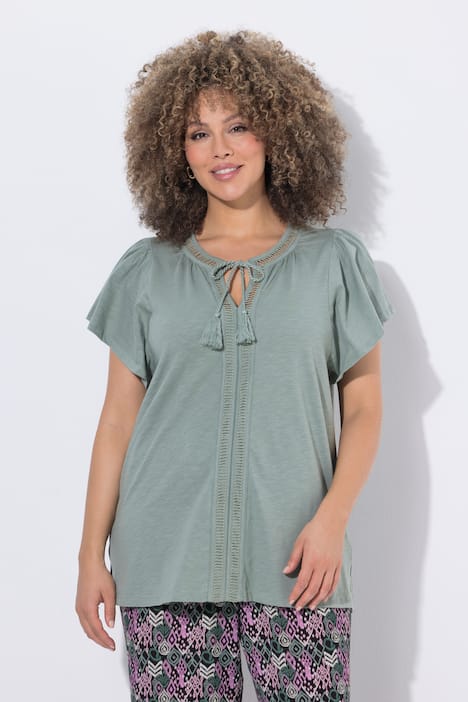T-Shirt, Zierlitze, Tunika-Ausschnitt, Flügel-Halbarm