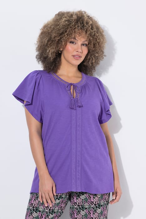 T-Shirt, Zierlitze, Tunika-Ausschnitt, Flügel-Halbarm