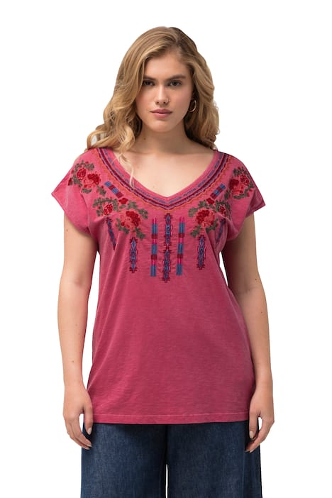 Tričko, výšivka, A střih, výstřih do V, krátké rukávy