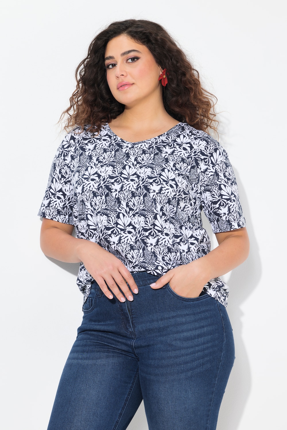 T-shirt, maritieme print, A-lijn, V-hals, halve mouwen