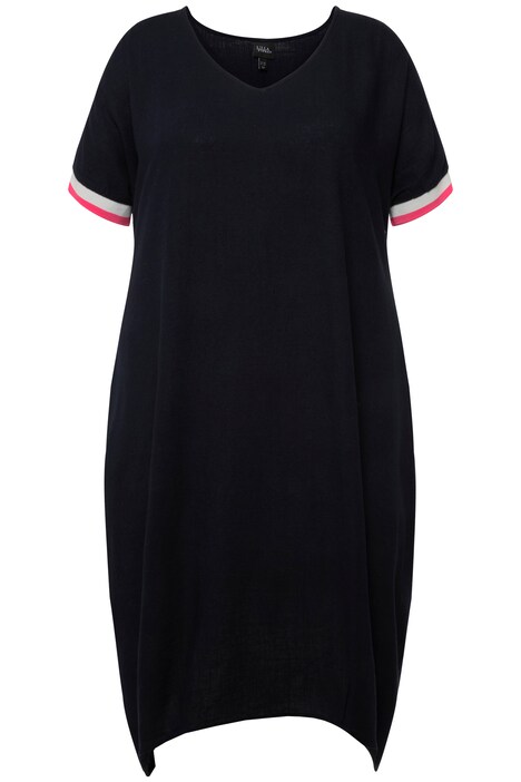 Midi šaty, směs lnu, výstřih do V, krátké netopýří rukávy