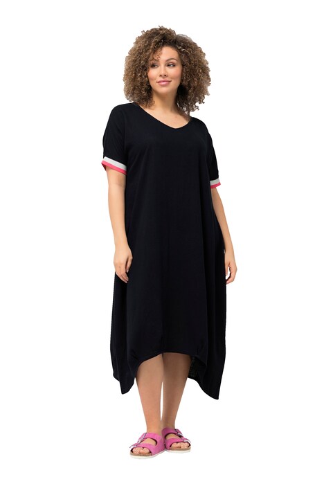 Midi šaty, směs lnu, výstřih do V, krátké netopýří rukávy