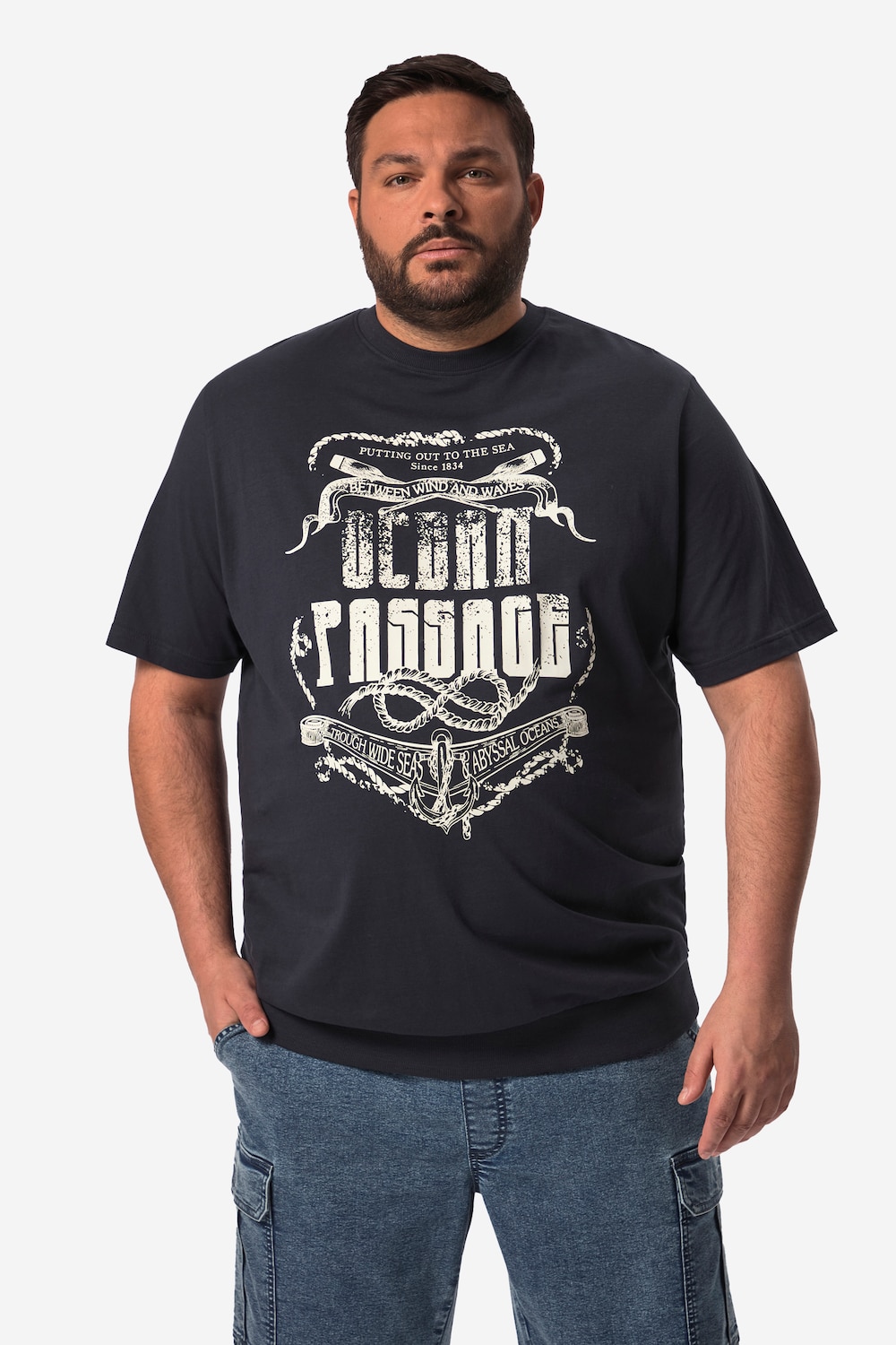 Men+ T-Shirt, Halbarm, Bauchfit, Frontdruck, bis 84/86