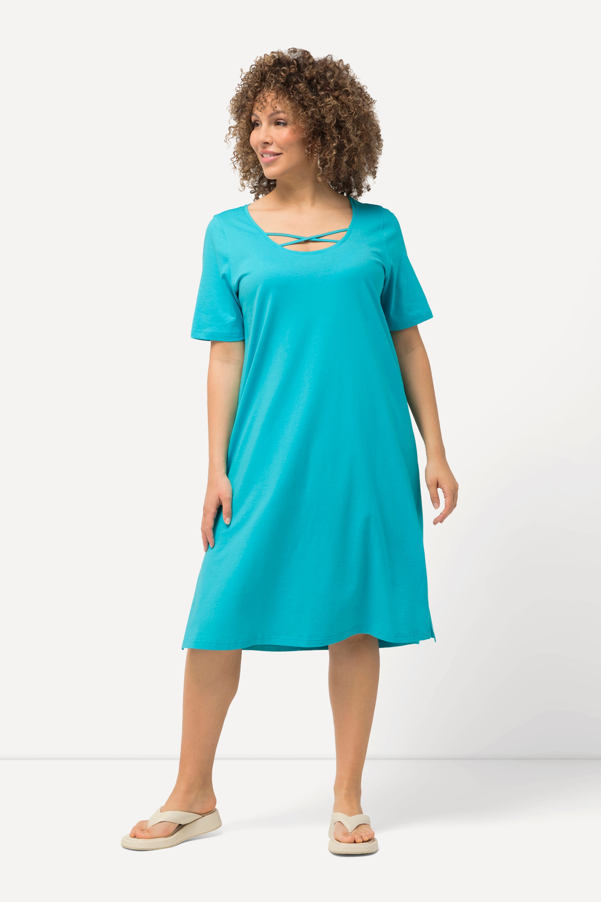 Ulla Popken Damen große Größen Jerseykleid Zierbänder A Linie Rundhals