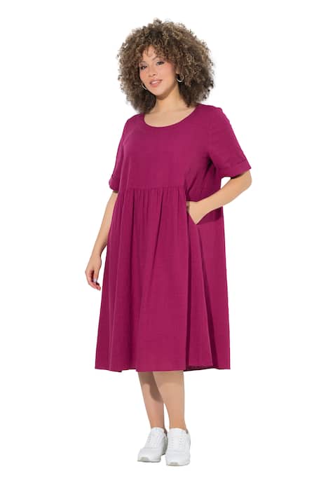 Šaty, lněná směs, A střih, kulatý výstřih, krátké rukávy