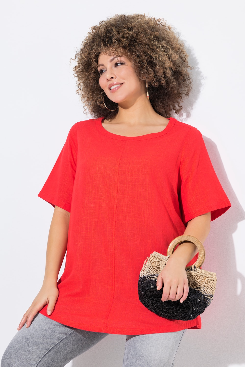Bluse, Leinenmix, A-Linie, Rundhals, Halbarm