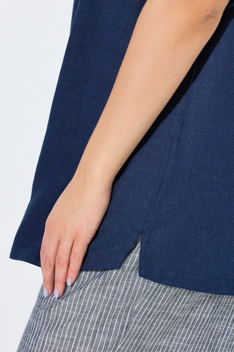 Blouse, linnenmix, A-lijn, ronde hals, korte mouwen