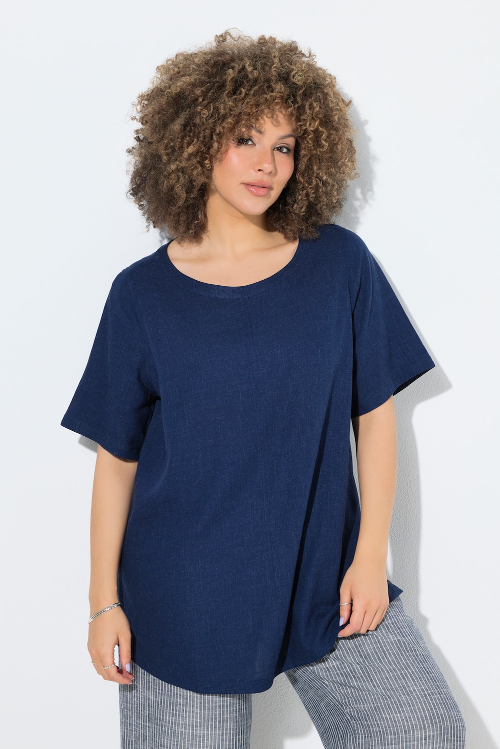 Bluse, Leinenmix, A-Linie, Rundhals, Halbarm