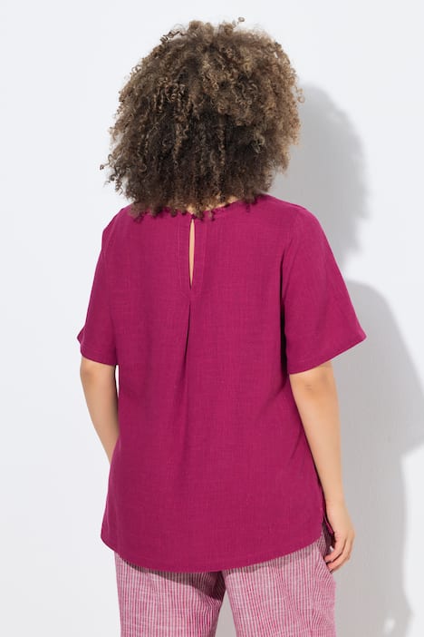 Blouse, linnenmix, A-lijn, ronde hals, korte mouwen