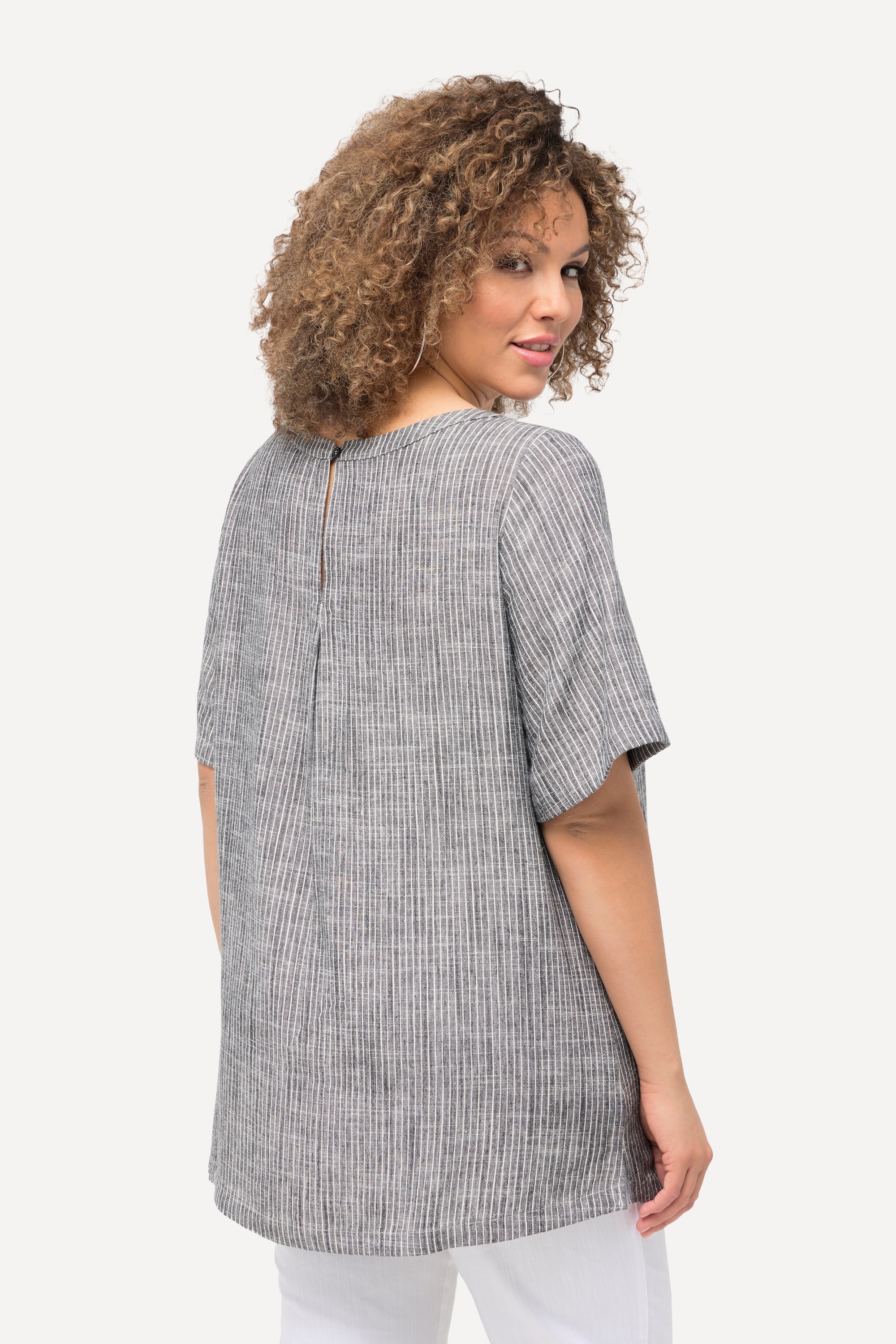 Ulla Popken Damen große Größen Bluse Leinenmix Streifen Rundhals Halbarm 829860