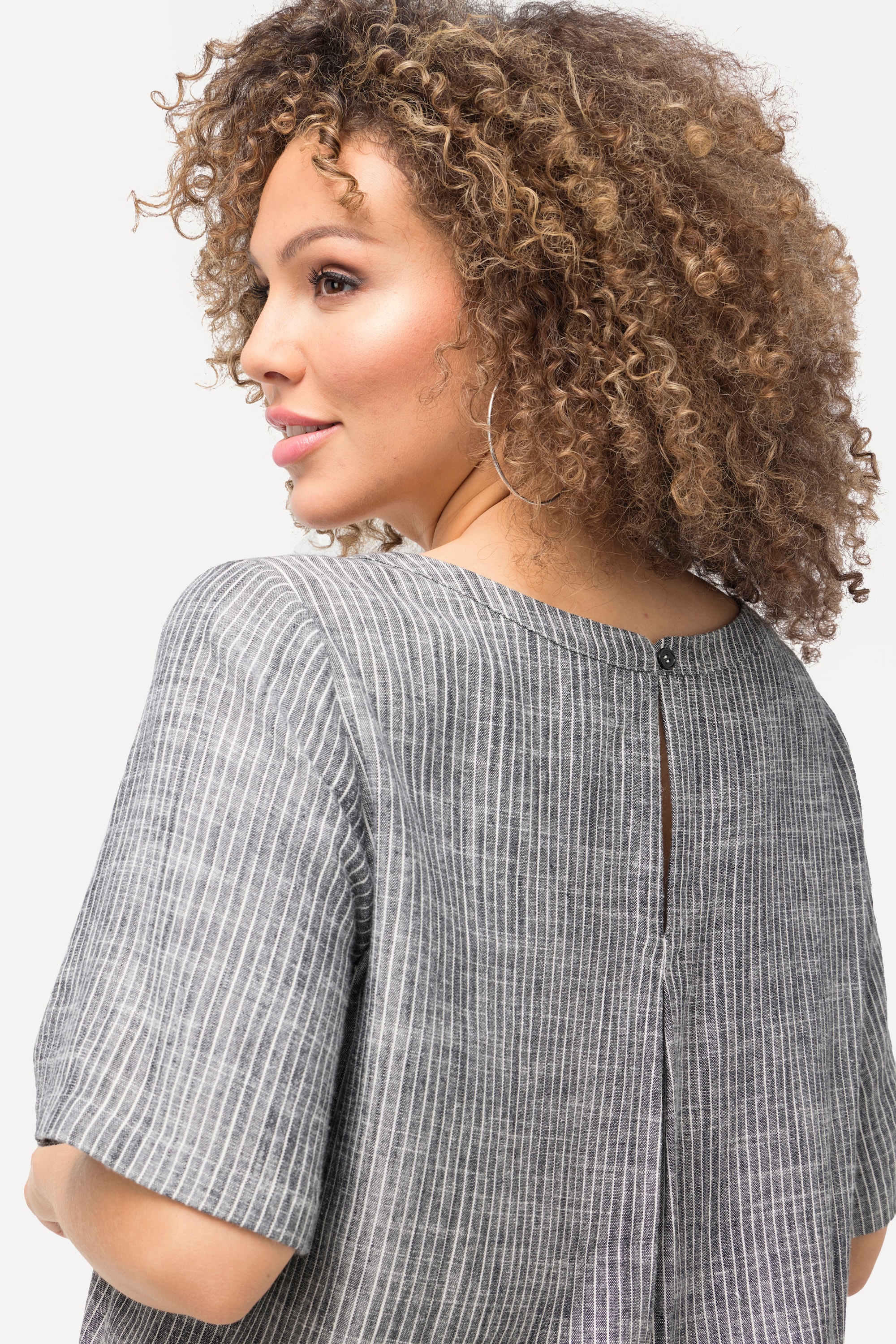 Ulla Popken Damen große Größen Bluse Leinenmix Streifen Rundhals Halbarm 829860
