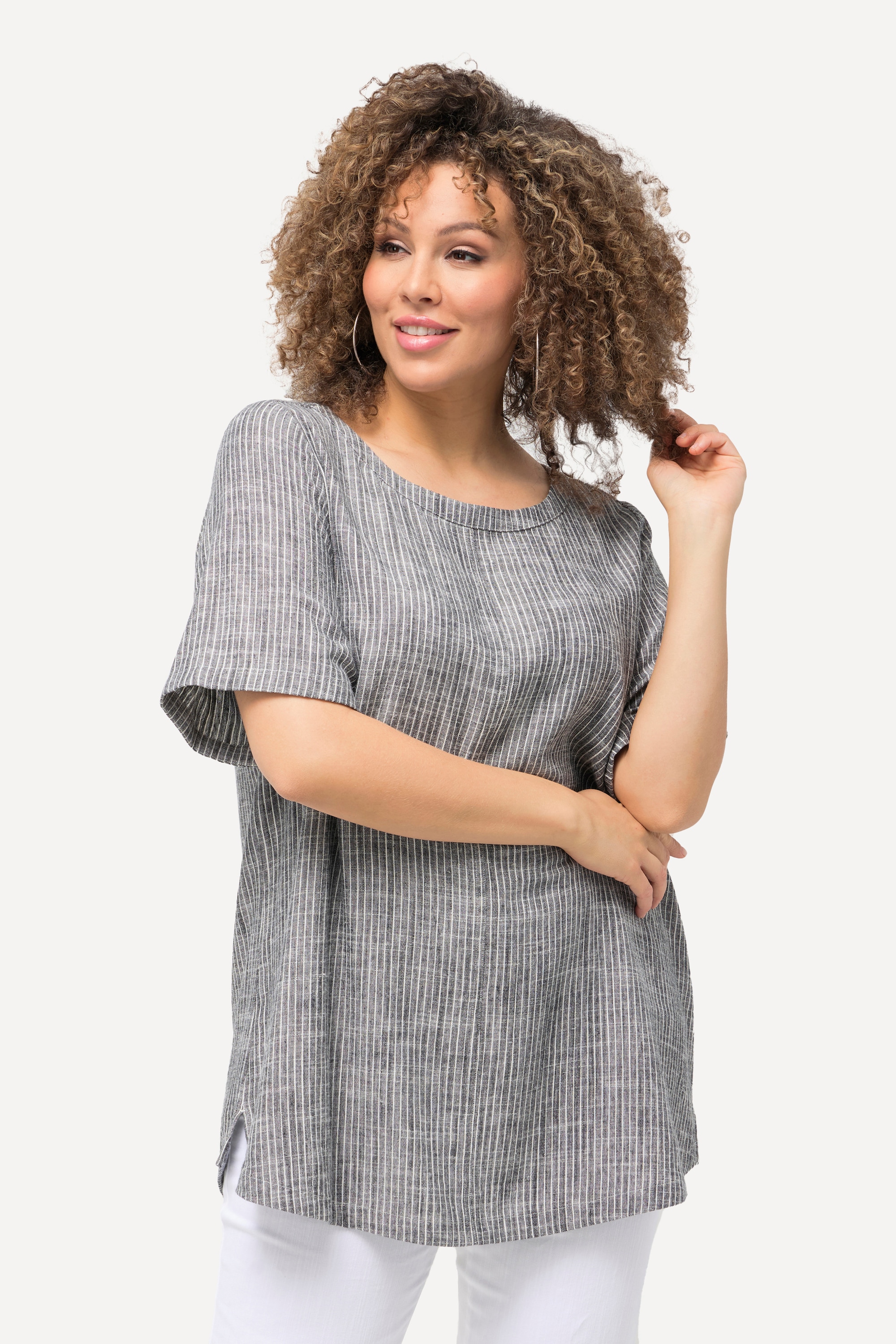 Ulla Popken Damen große Größen Bluse Leinenmix Streifen Rundhals Halbarm 829860