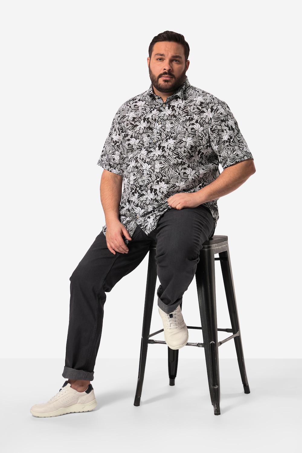 Men+ overhemd van linnenmix, buik-fit, korte mouwen, kentkraag, all-over print, tot 8XL
