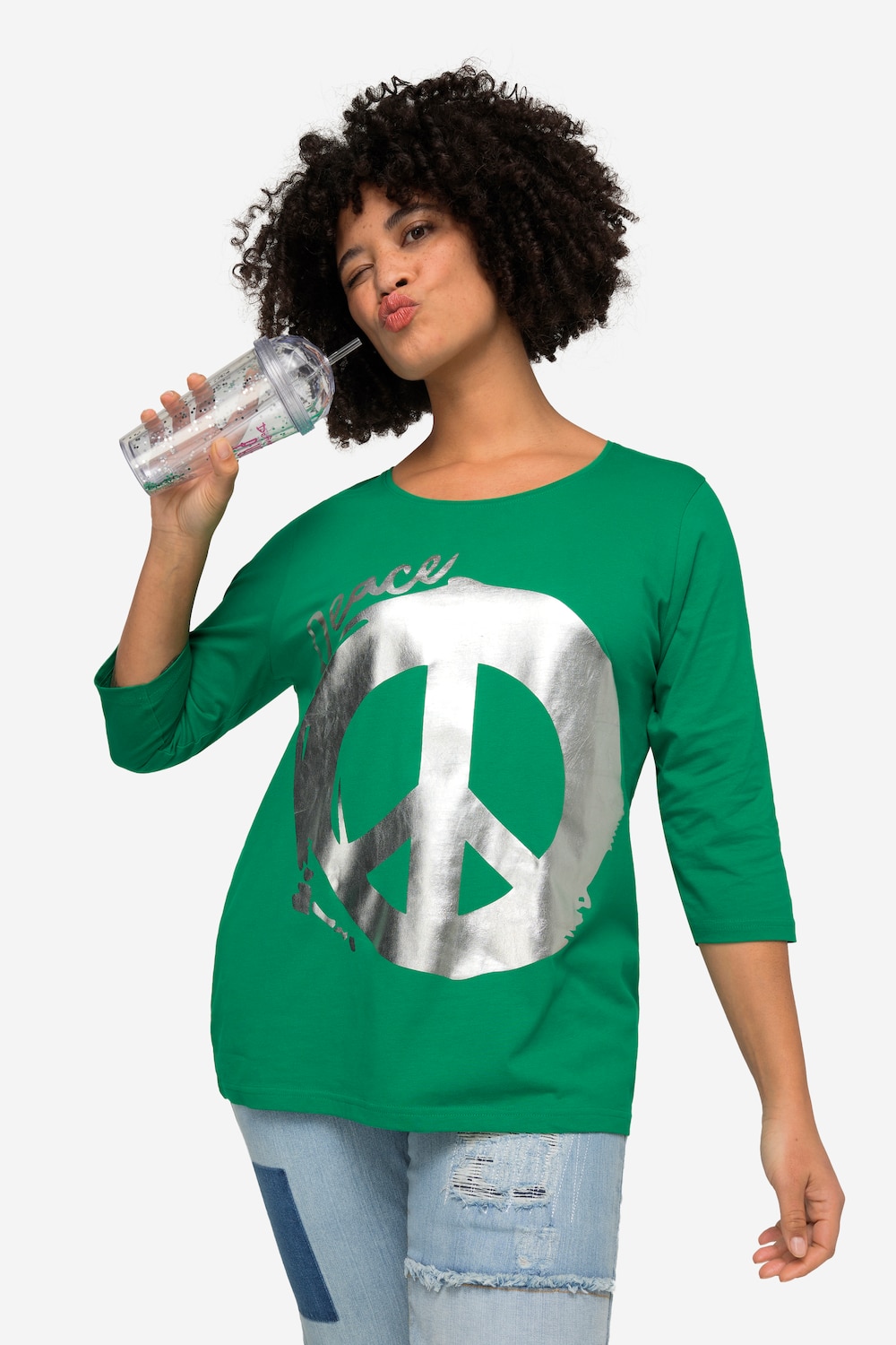 T-Shirt, Peace-Zeichen, Rundhals, 3/4-Ärmel
