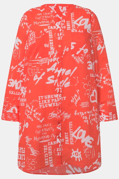 Long A-Line Graffiti Pattern Blouse with Long Sleeves and Tunic Neckline