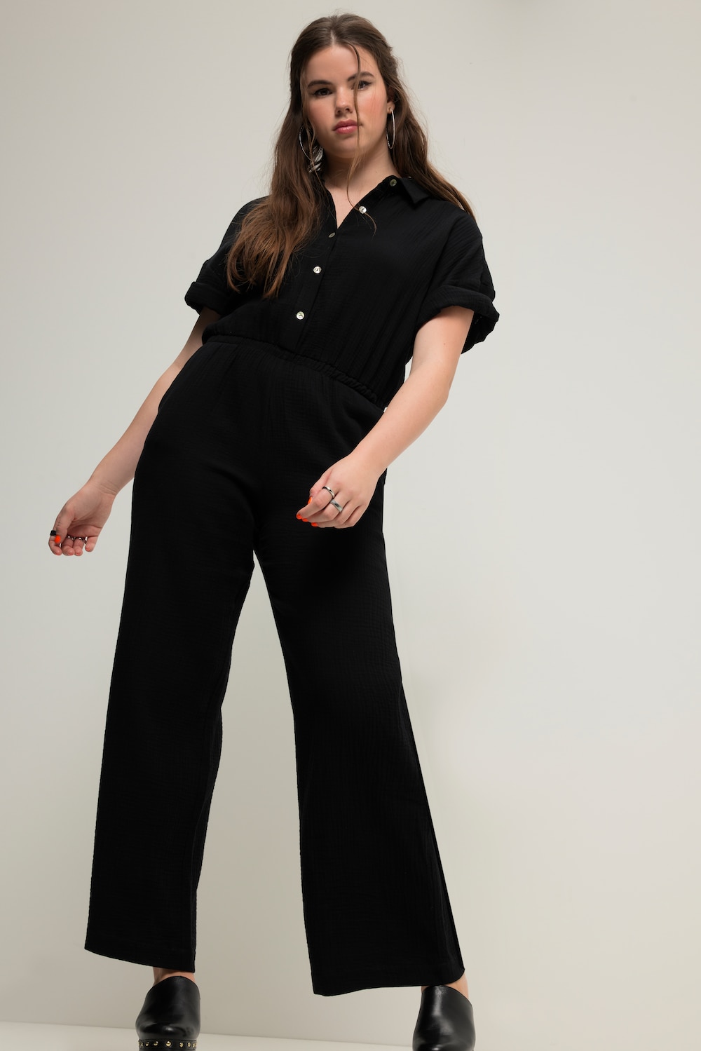 Jumpsuit, Musselin, elastische Taille, Halbarm, weites Bein