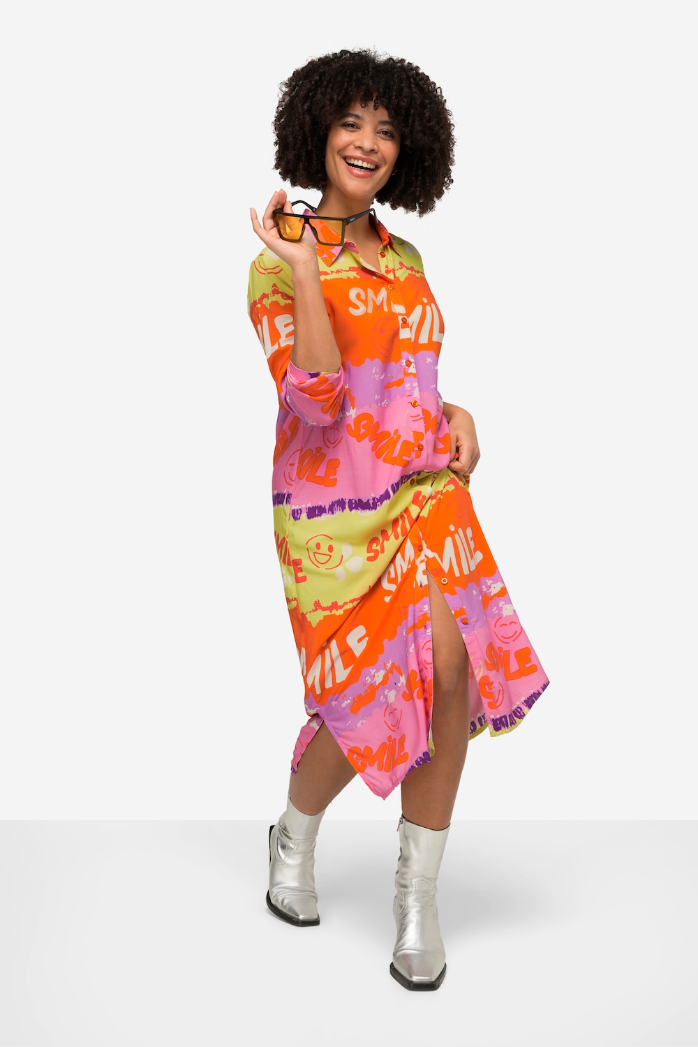 Kleid, Midilänge, Schriftstreifen, Hemdkragen, Knopfleiste, Langarm