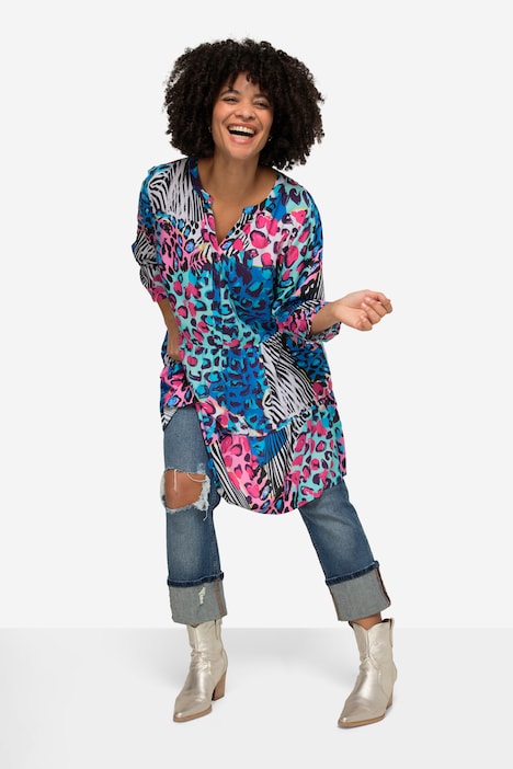 Colorful Leopard Pattern Tunic with 3/4 Sleeves and Tunic Neckline ...