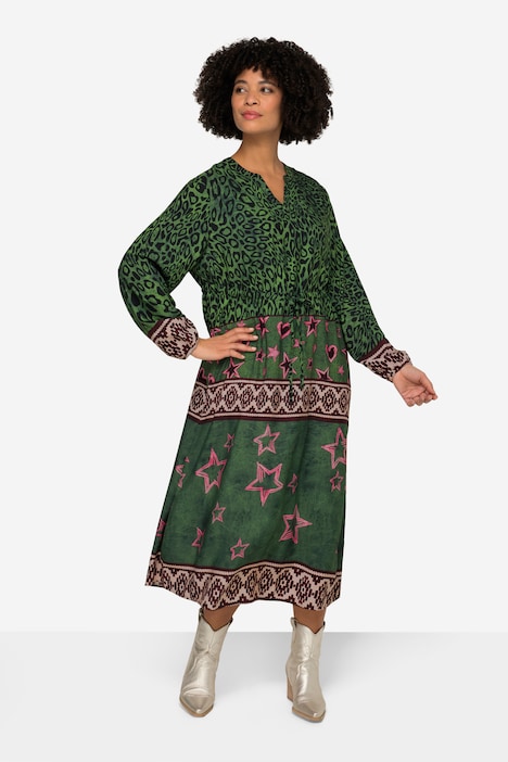 Patterned Long-Sleeve V-Neck Midi Dress